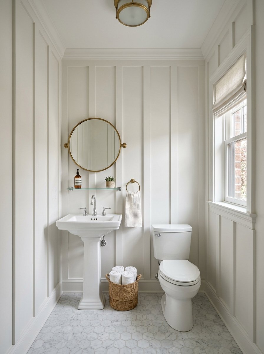 A bright bathroom featuring white vertical wall paneling, a pedestal sink, gold mirror, and hexagonal marble tile floor.