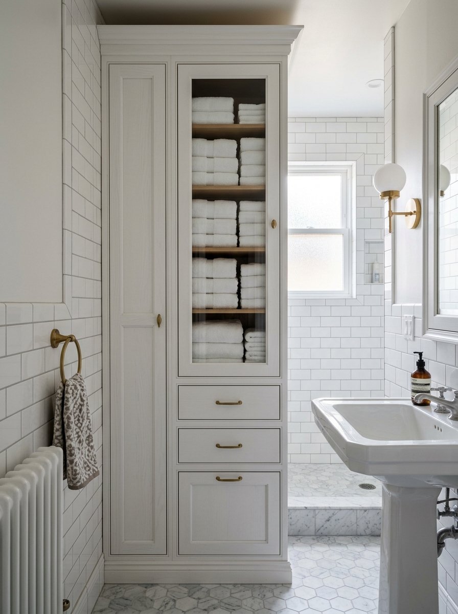A narrow white floor-to-ceiling cabinet in a tiled bathroom, filled with stacks of neatly folded white towels.
