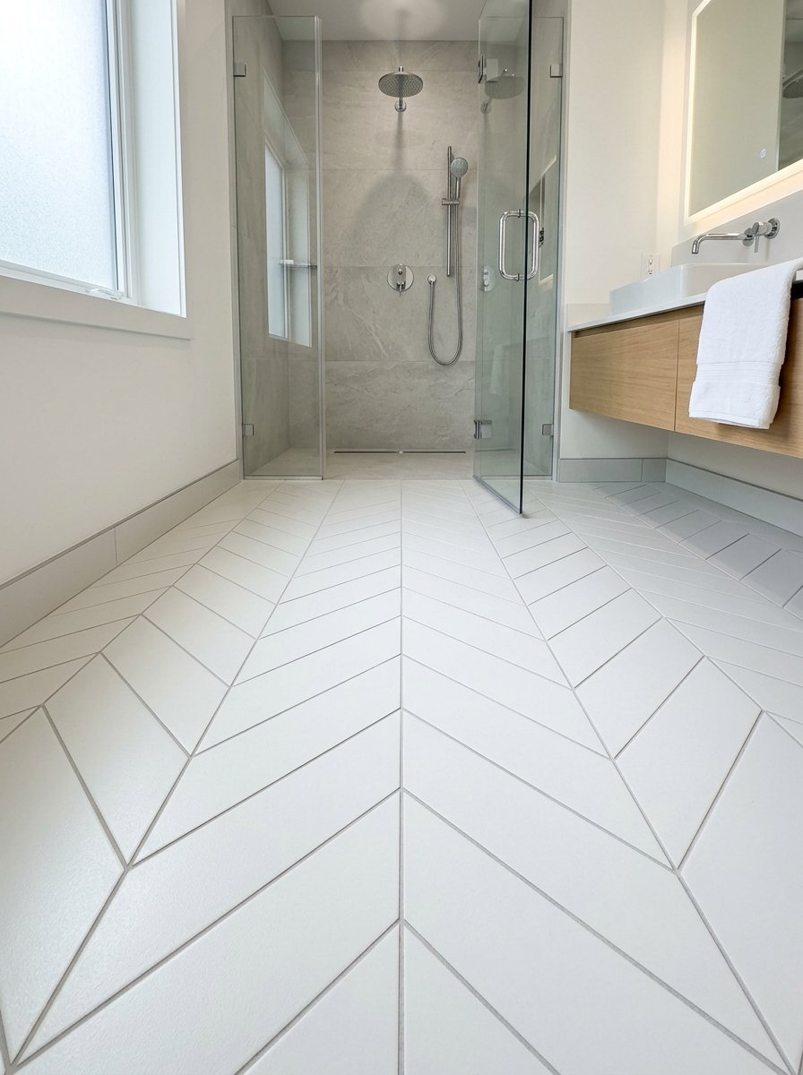 Bright bathroom with a glass walk-in shower and white tiled floor laid in a chevron pattern.