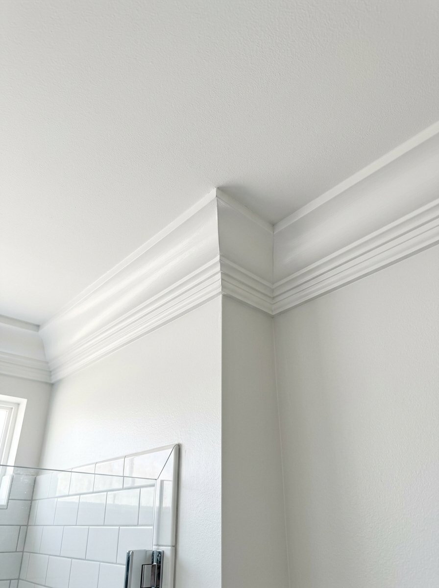 Close up of decorative white ceiling trim meeting at a corner above a tiled shower wall.