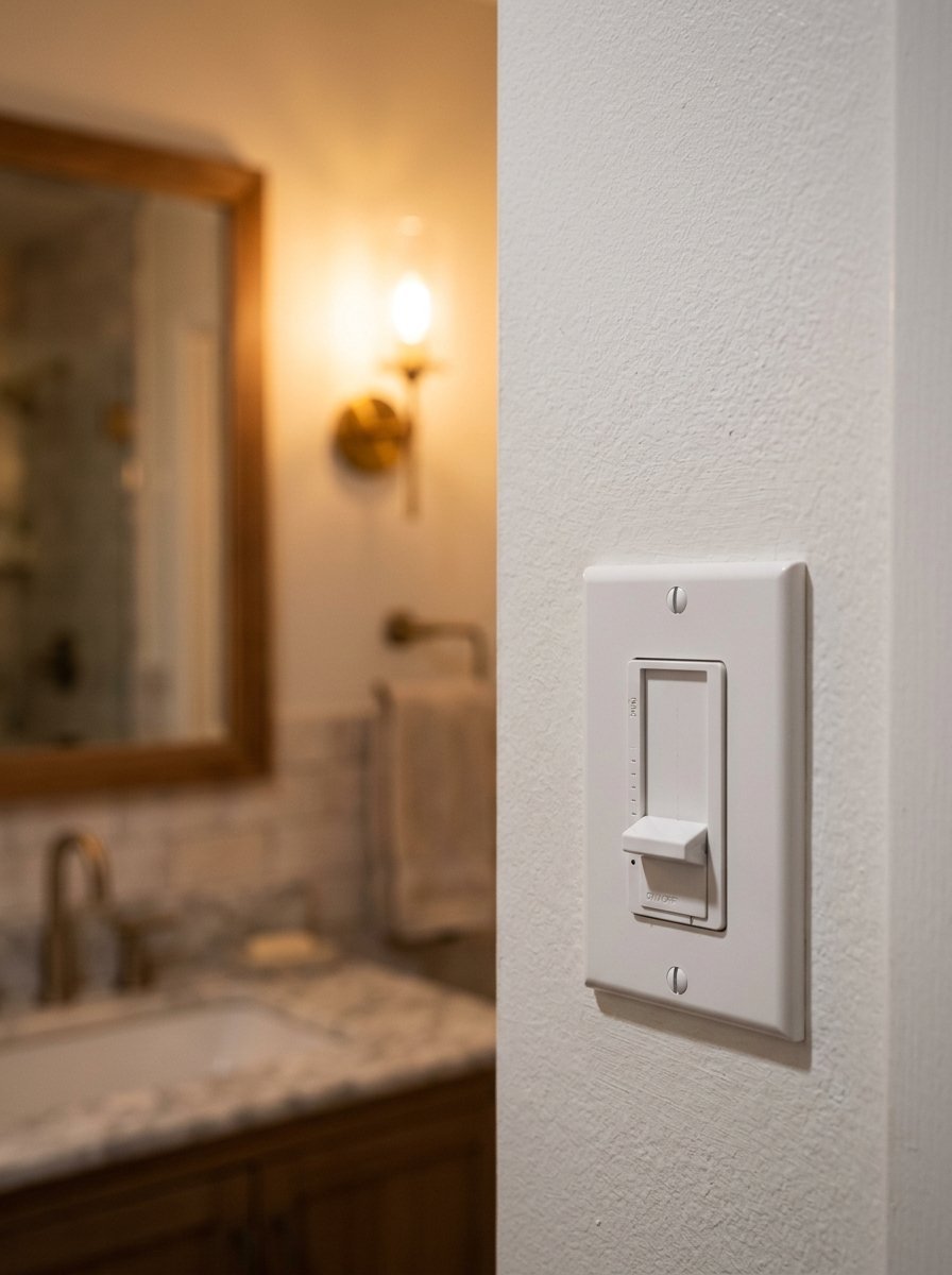 Close-up of a white sliding light dimmer switch on a white wall with a blurred bathroom vanity in the background.