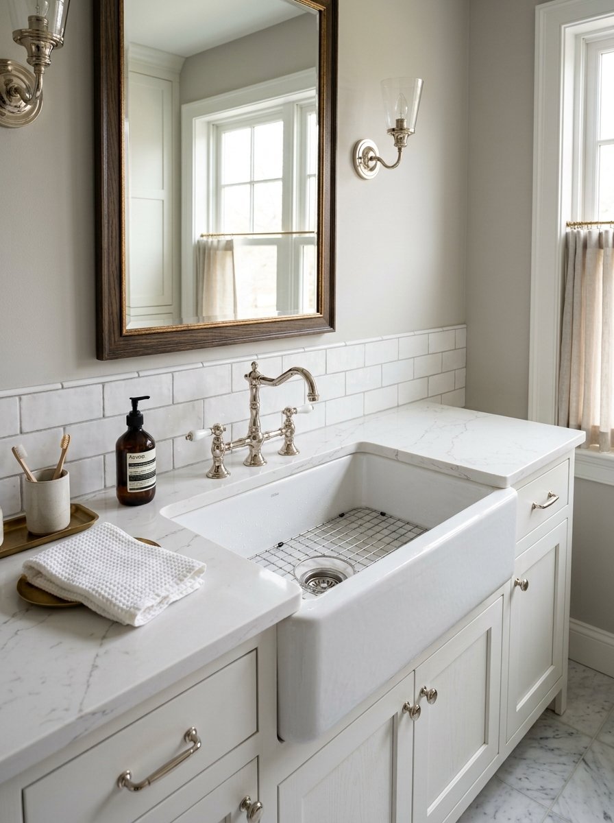 A porcelain apron-front sink with silver faucet in a bright bathroom with white subway tile backsplash.