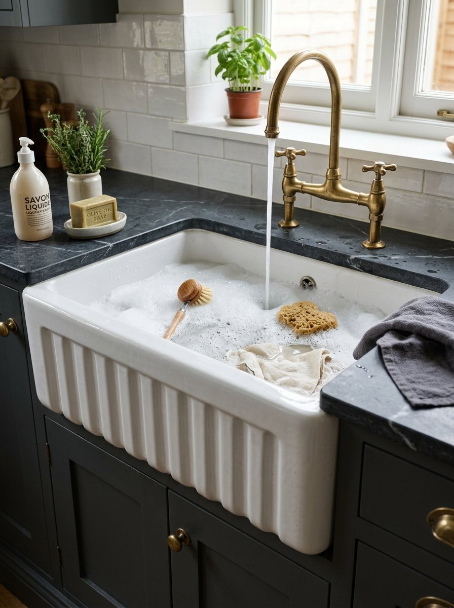 A white ceramic farmhouse sink with a brass faucet, soap suds, a scrub brush, and a cloth on dark marble counters.