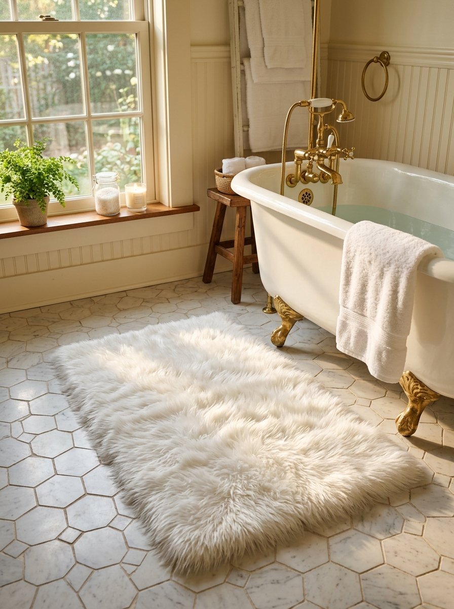 A plush white faux fur bath mat placed on a floor made of white marble hexagonal tiles next to a clawfoot tub.