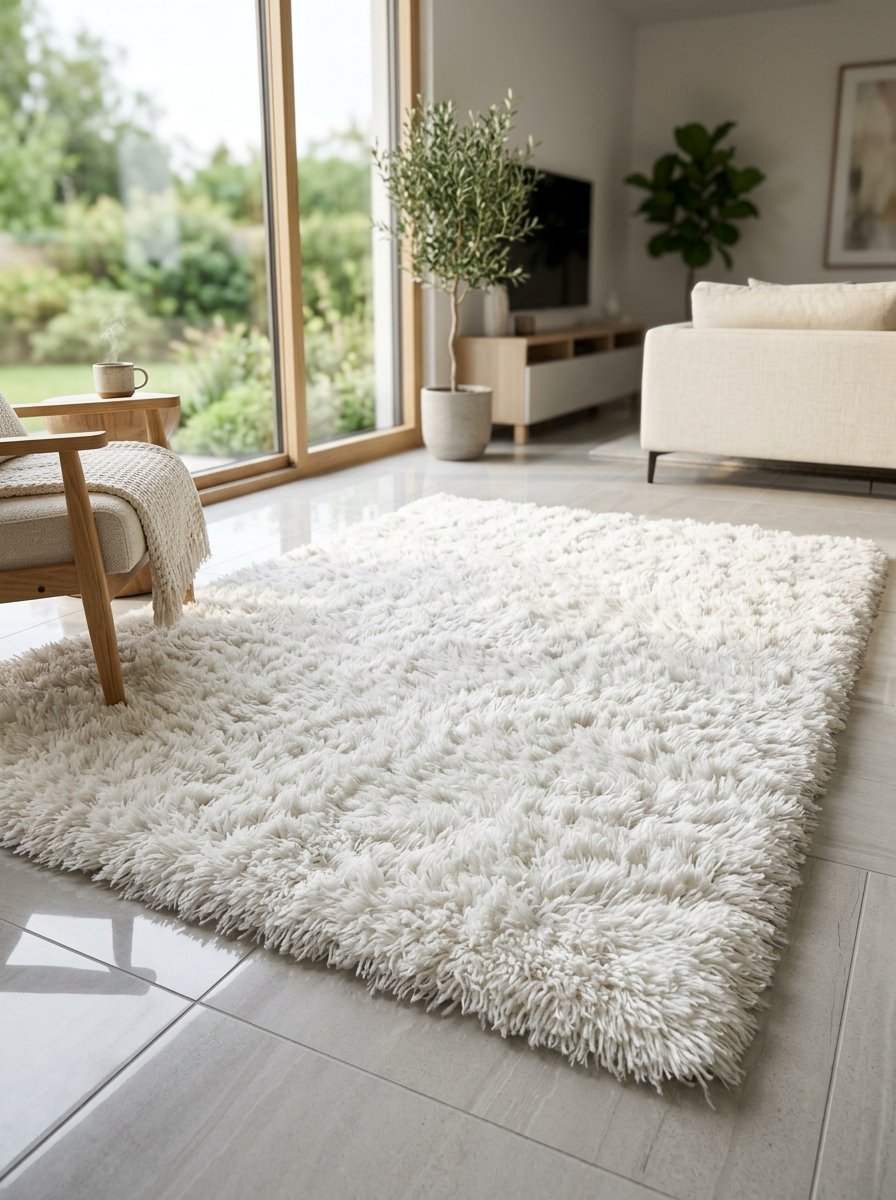 Close-up of a thick white shag area rug positioned on light grey tile flooring in a sunlit home interior.