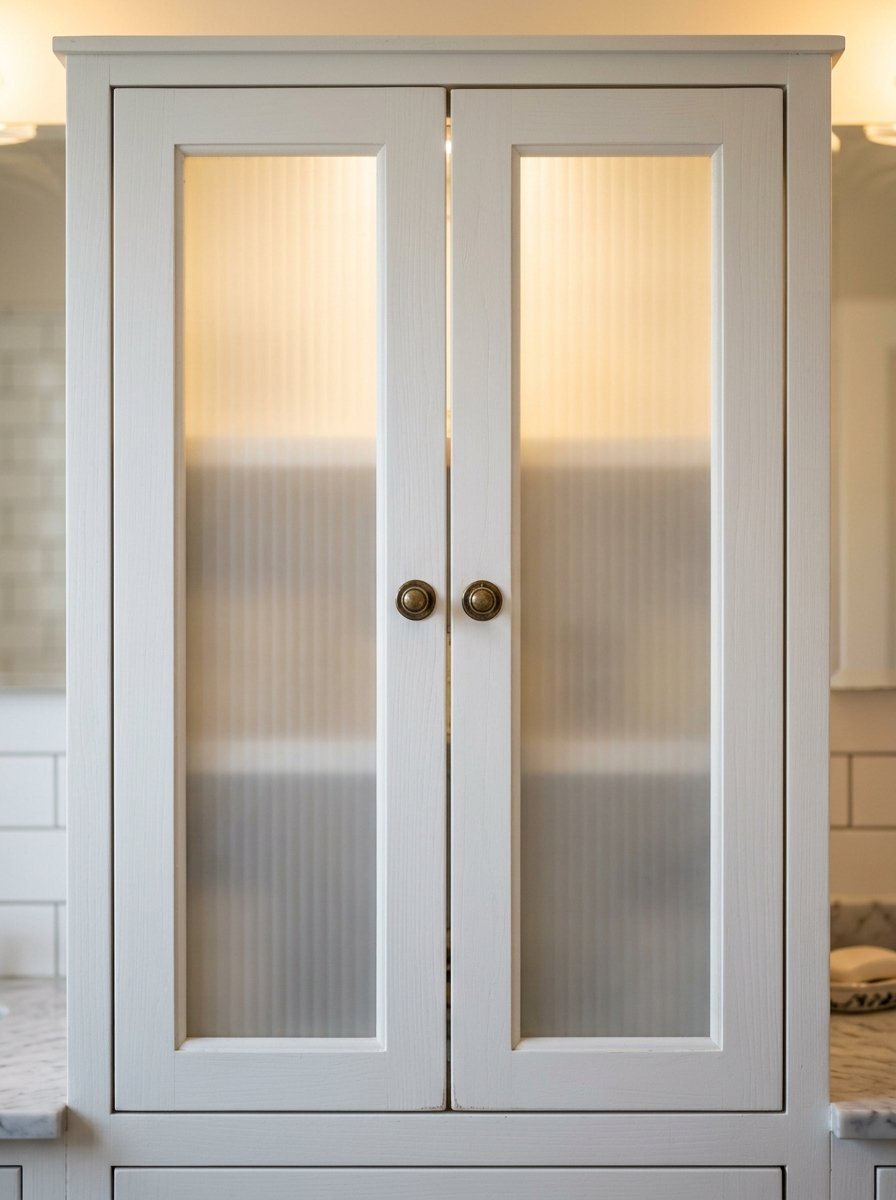 A closed white wooden cupboard featuring vertically ribbed glass panels and circular bronze hardware.