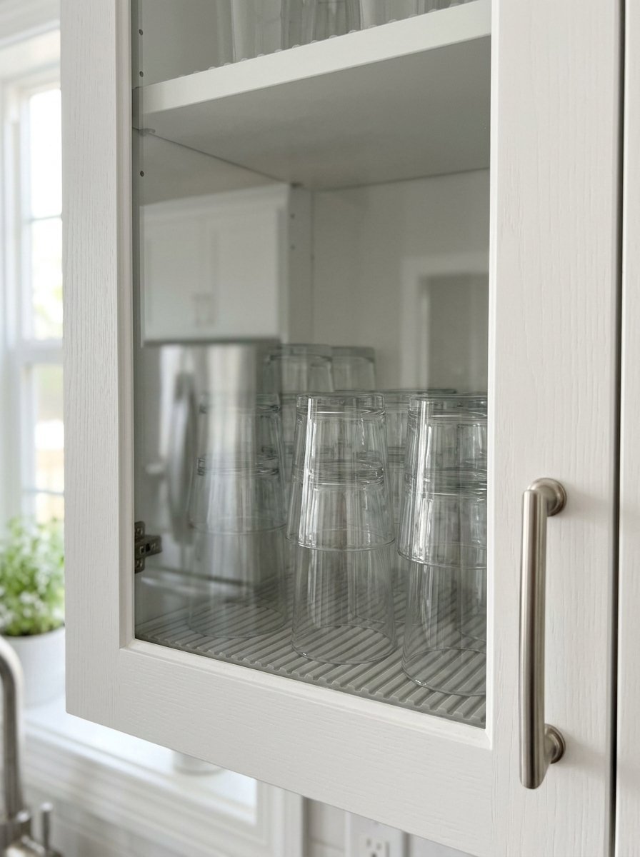 Close up of clear water glasses stacked on a slatted shelf behind a white wood-framed glass cabinet door.