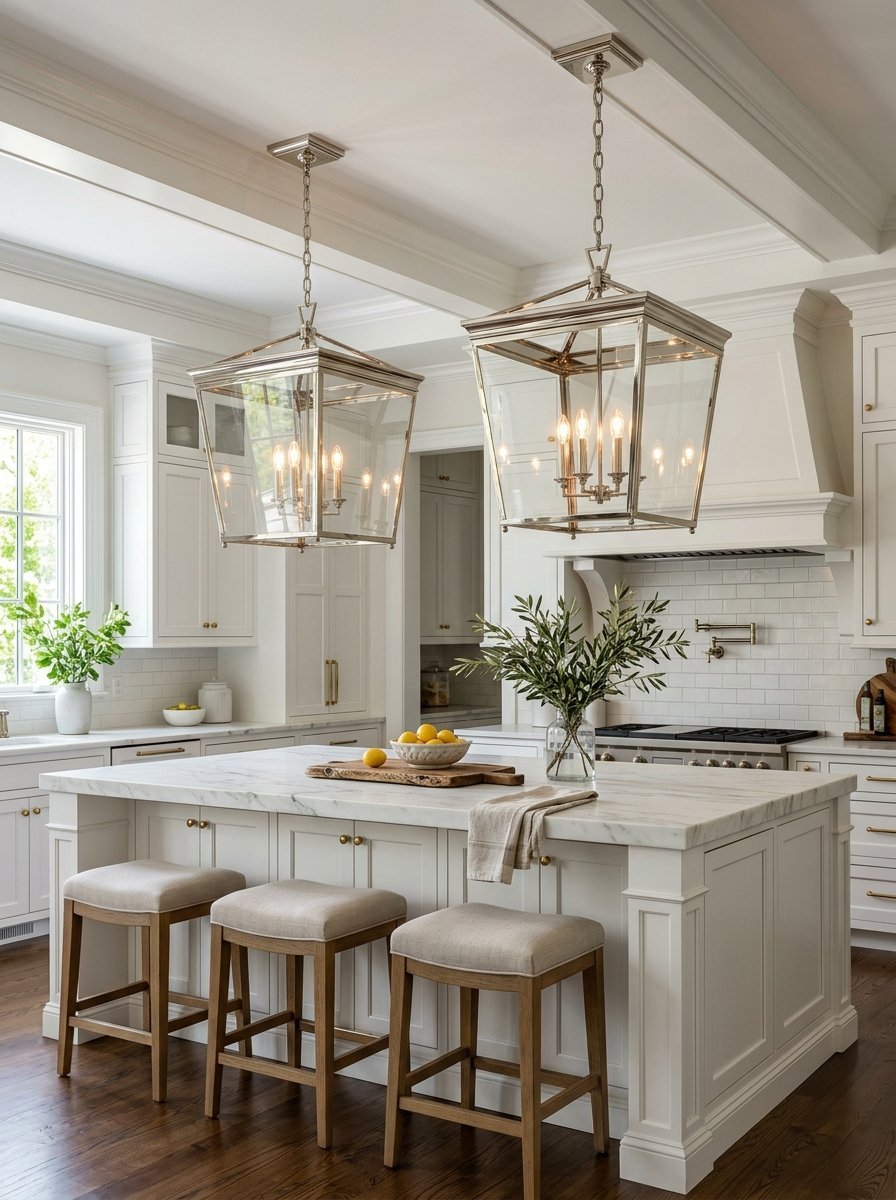 Large kitchen island with marble countertop, three beige stools, and two square glass lantern pendants hanging above.