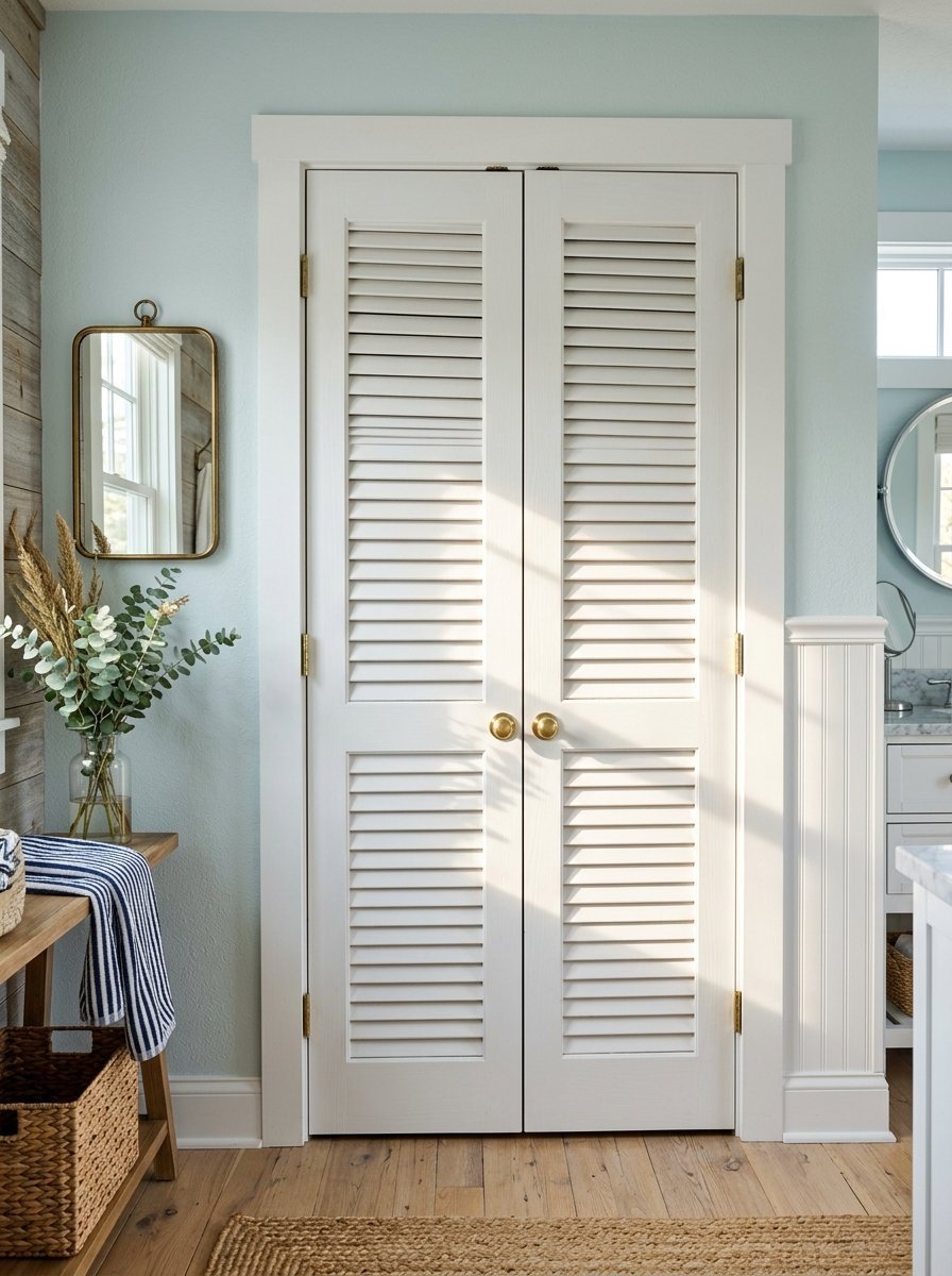 Closed double doors with horizontal slats and brass knobs set against a pale blue wall with a wooden console table.