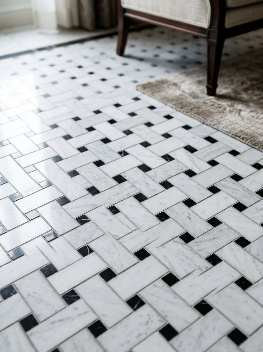 Close-up of white marble basketweave tile floor with small black square inserts and furniture leg.