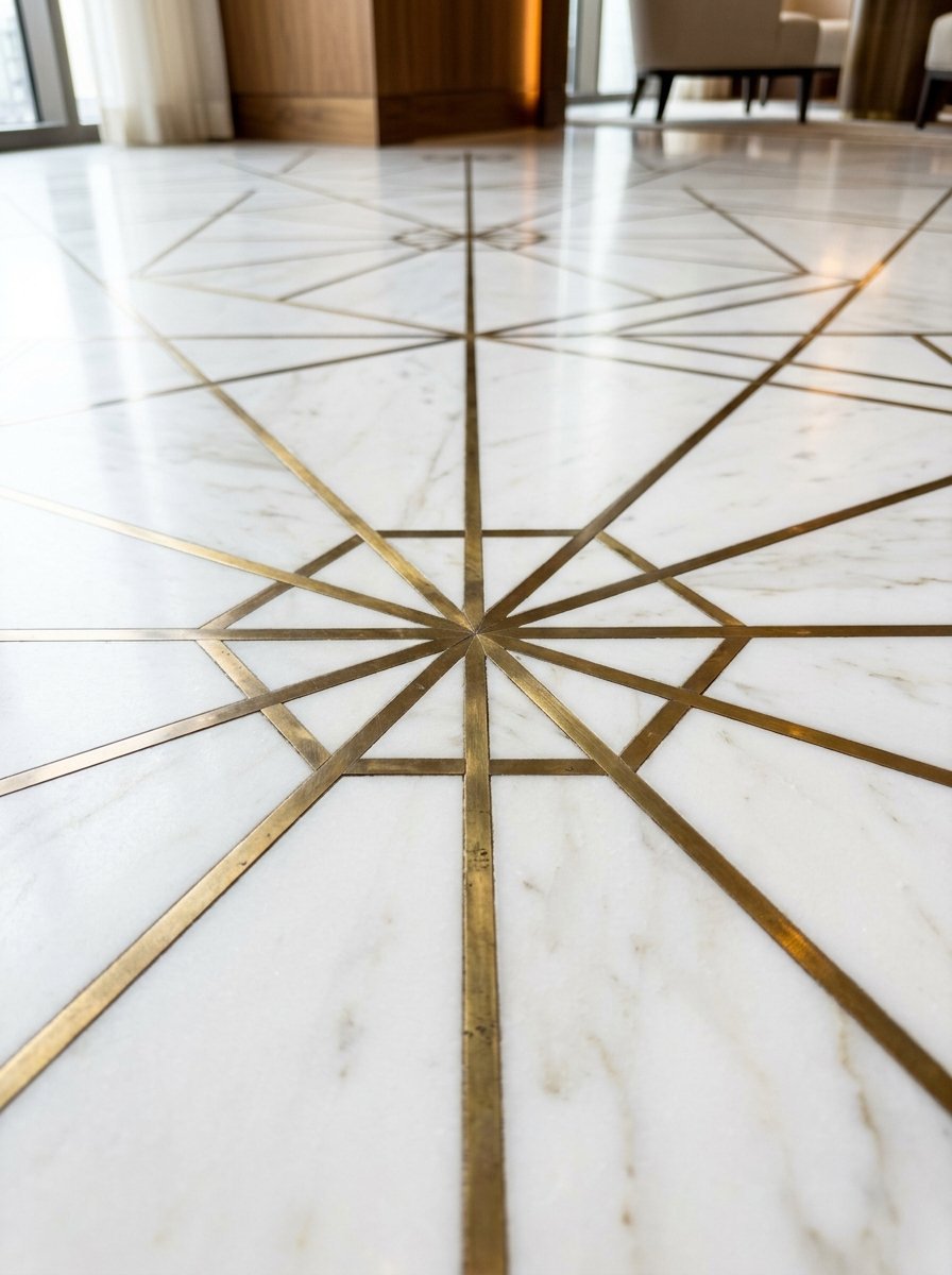 Close up view of polished white marble floor tiles with a symmetrical starburst pattern made of brass metal strips.