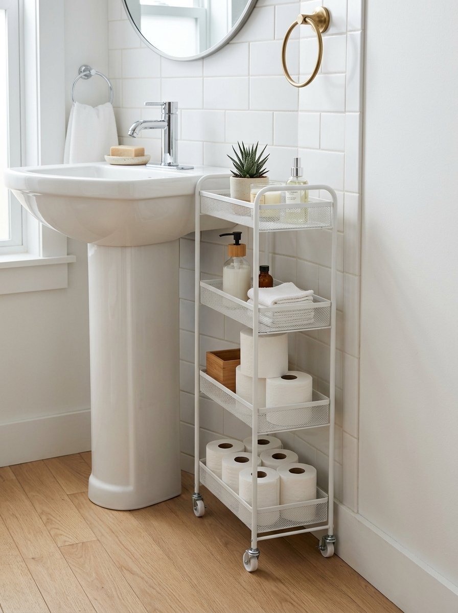 Narrow metal tiered storage cart on wheels filled with toilet paper rolls and bathroom toiletries.