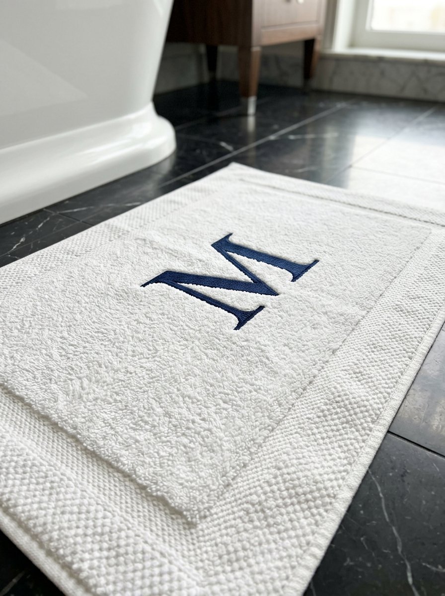 White textured cotton bath rug with a large navy blue monogrammed M resting on a black marble tile floor.