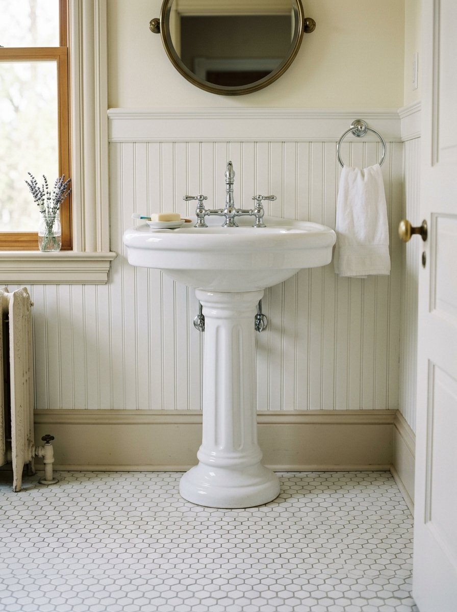 A porcelain pedestal sink with chrome faucet hardware situated against white beadboard paneling and hex tile floors.