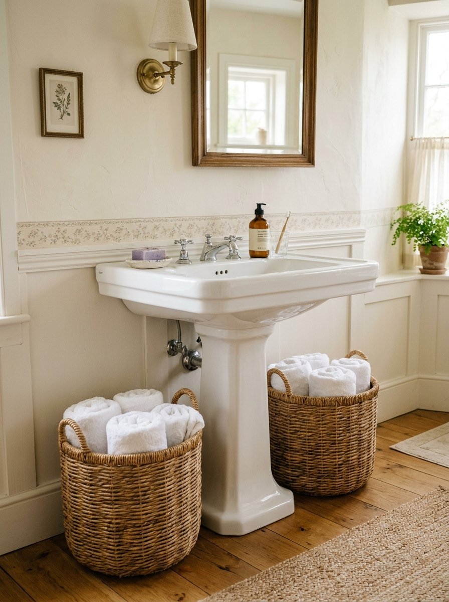 White pedestal sink with wicker laundry baskets filled with clean white rolled towels on a wooden floor.