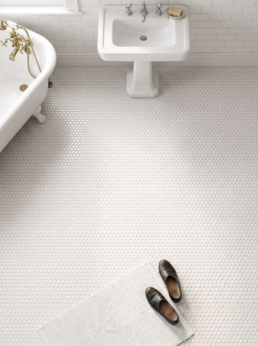 Top-down perspective of a pedestal sink, clawfoot tub, and leather slip-on shoes on a white bath mat.