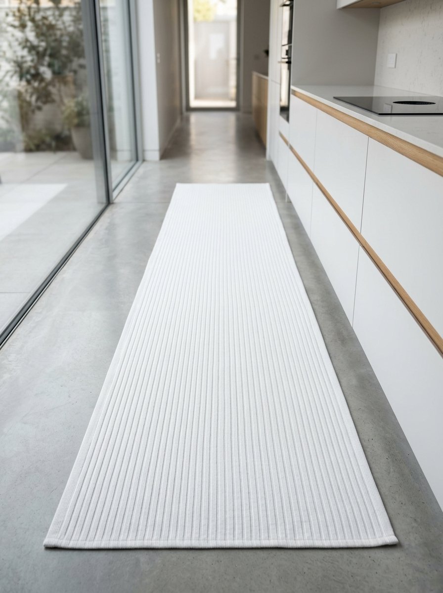 Minimalist white ribbed runner rug centered on a polished concrete kitchen floor.
