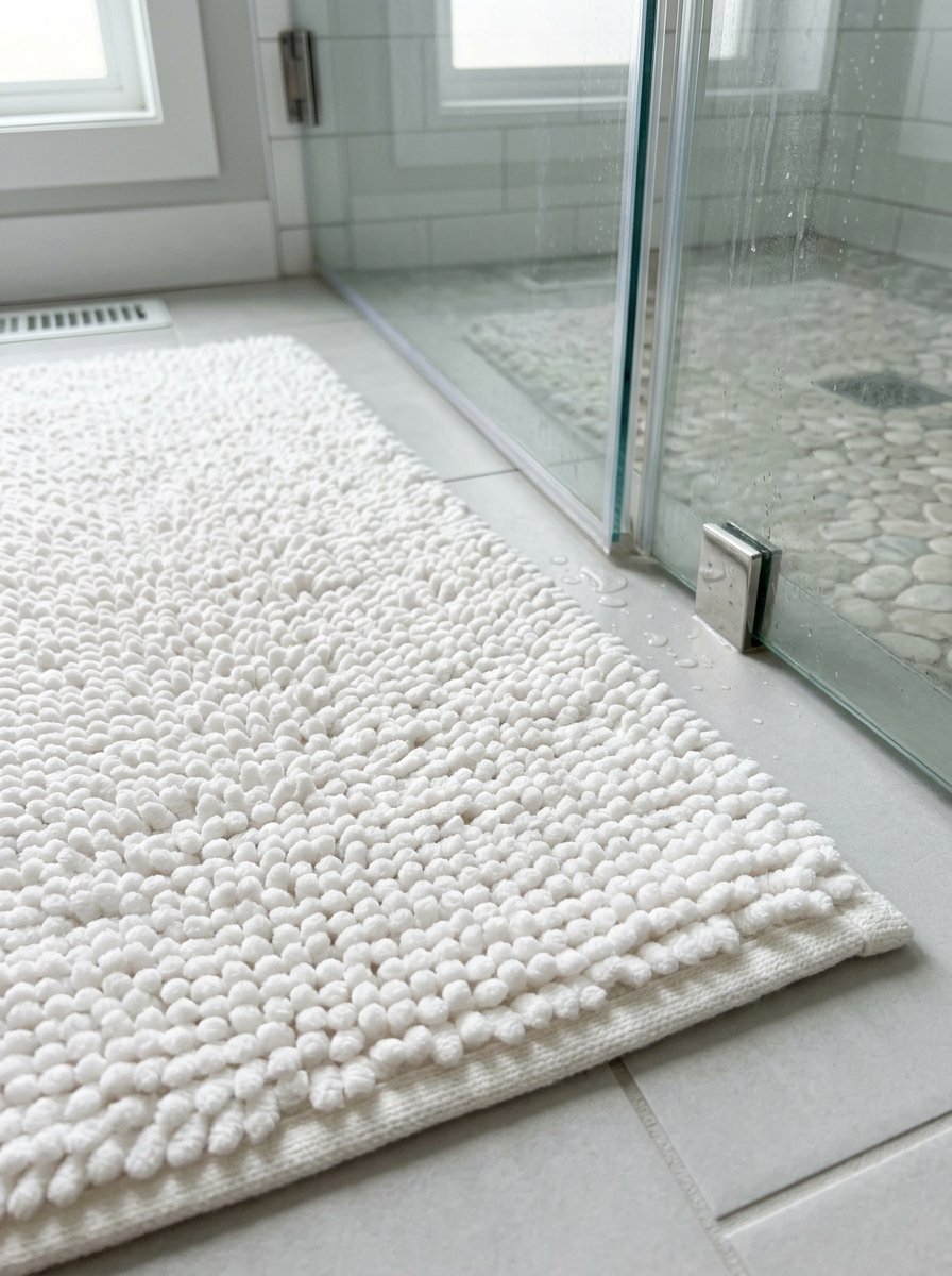 A plush white pebble-textured bath mat resting on a gray tiled floor beside a glass shower stall.