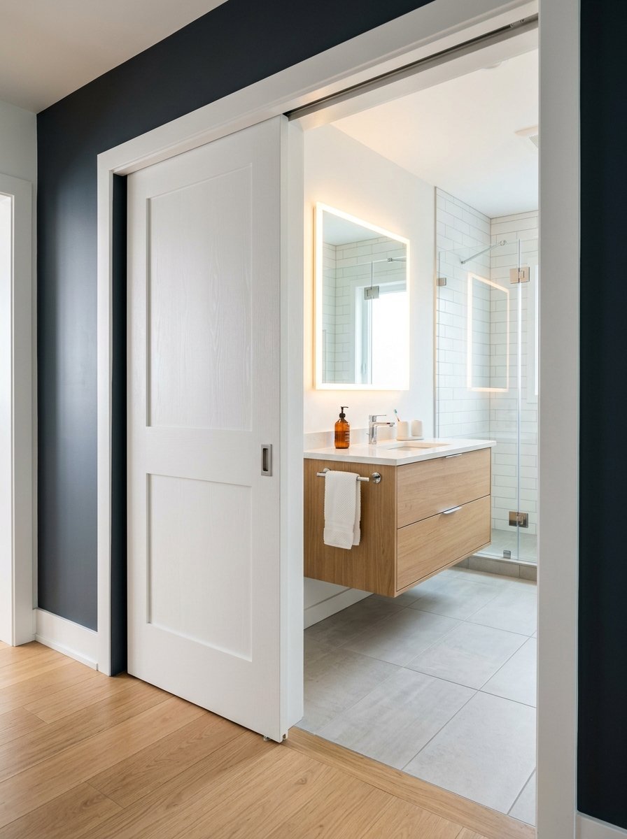 White sliding barn door revealing a contemporary bathroom with a floating wood vanity and glass shower.