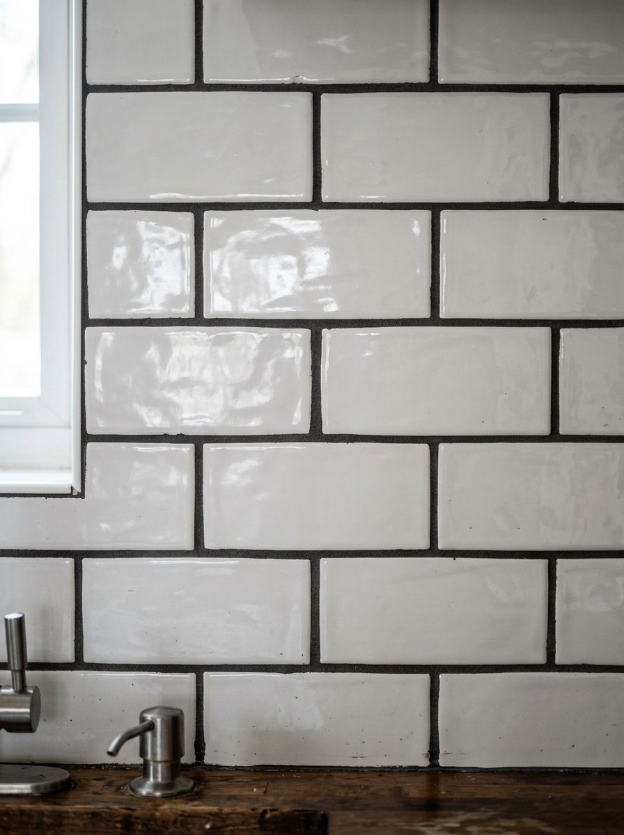 Close up of a kitchen backsplash featuring reflective white rectangular tiles and thick dark grey grout.