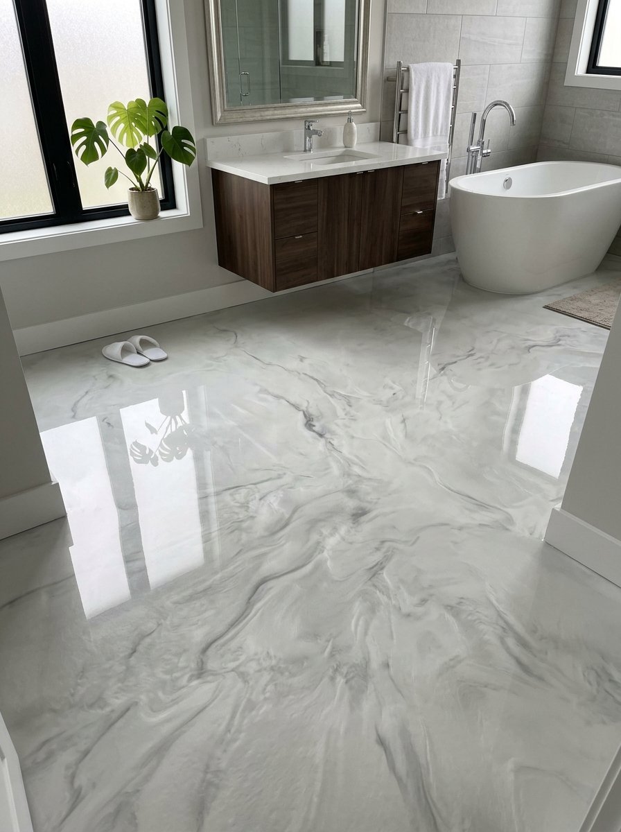 High-gloss marble pattern epoxy flooring in a contemporary bathroom with floating vanity and soaking tub.
