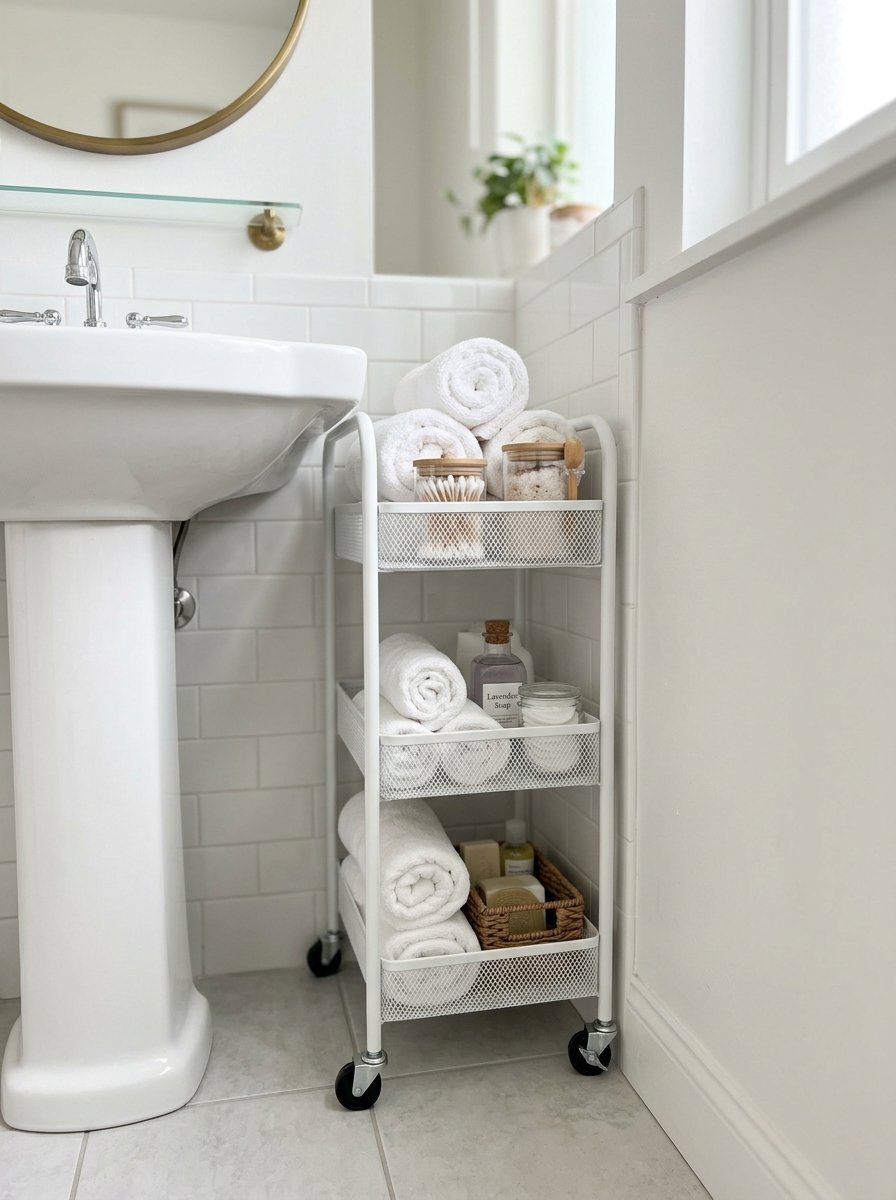 White metal utility cart with wheels holding rolled towels and apothecary jars beside a pedestal sink.