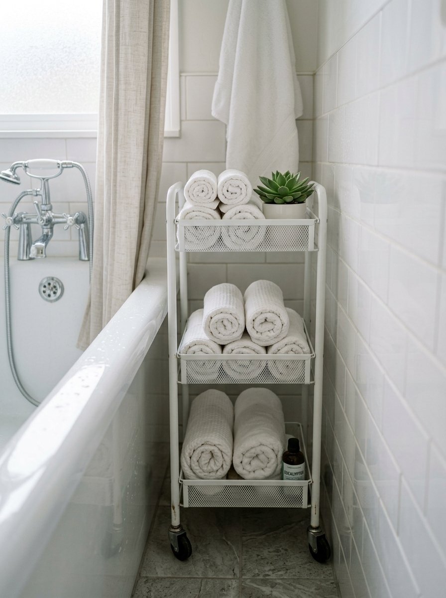 A white rolling storage cart beside a bathtub, neatly stacked with folded white towels and a small succulent.