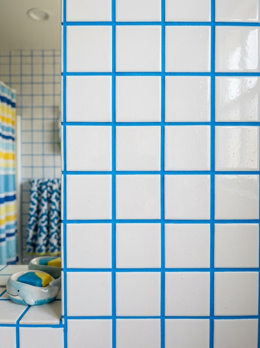 Close-up of a wall covered in glossy white square ceramic tiles featuring bright blue colored grout.