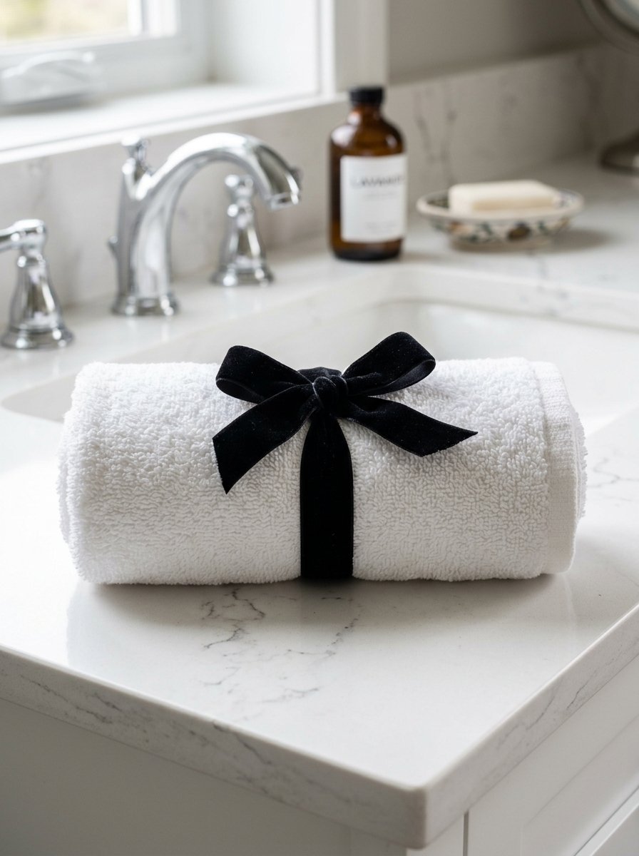 Close up of a fluffy white hand towel tied with a black ribbon resting on a marble bathroom vanity.