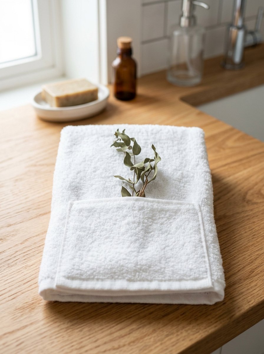 Folded clean white bathroom towel with a small green eucalyptus branch placed on a light oak wooden vanity.