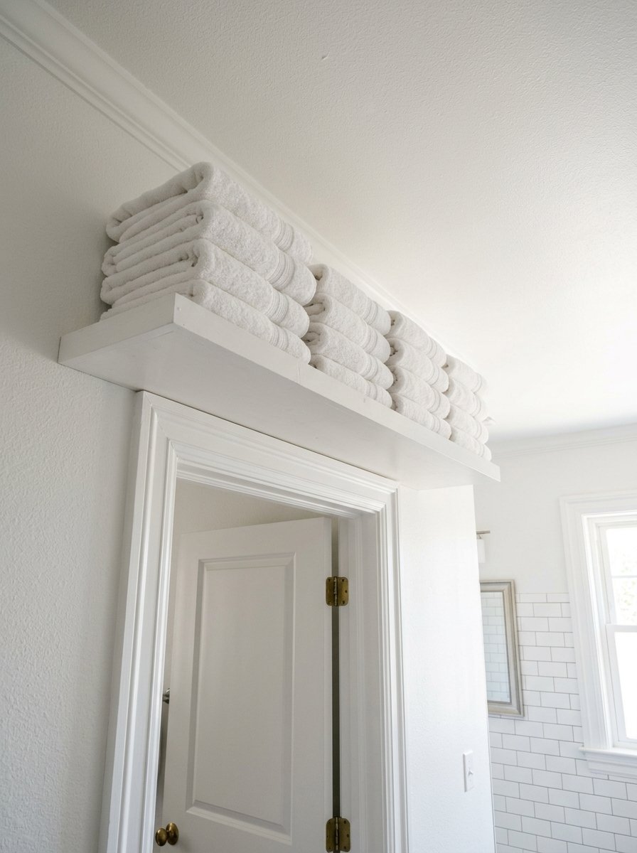 Several folded white bath towels piled high on a white floating shelf above an open bedroom door.