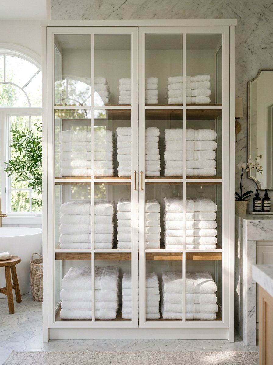 Bright bathroom storage cabinet featuring white linens arranged on wooden shelves behind glass doors.