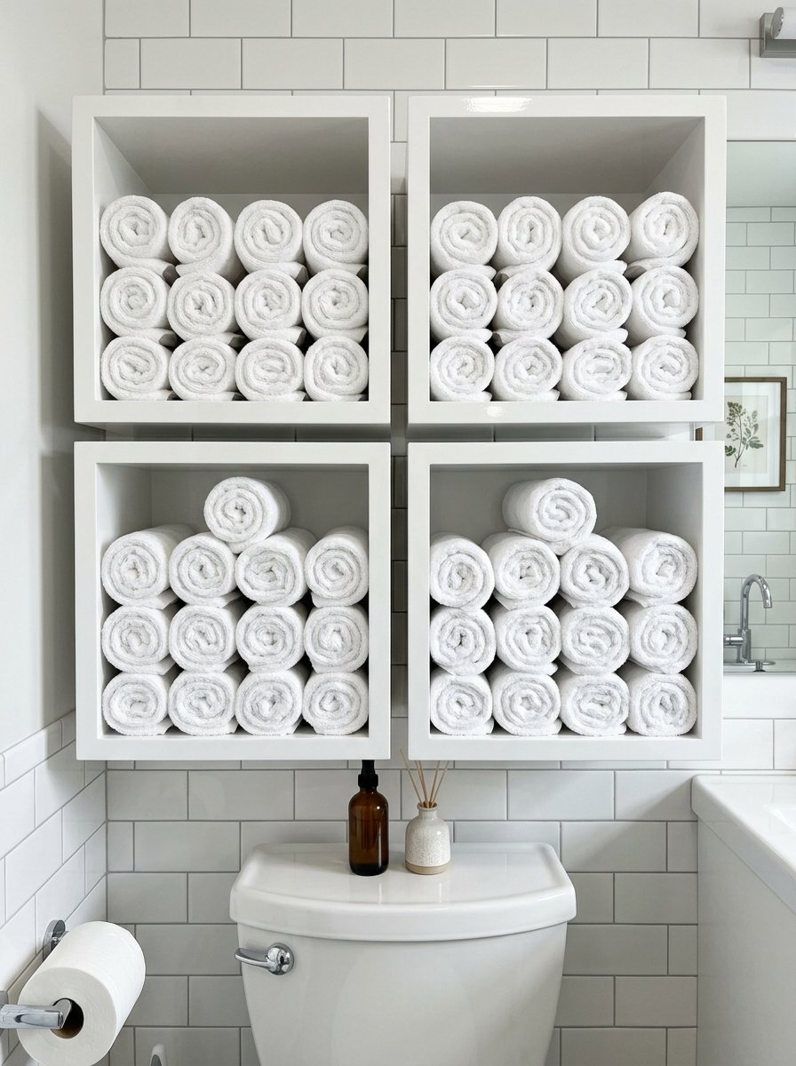 Stacked white square wall shelves containing rows of folded white bath towels above a toilet.