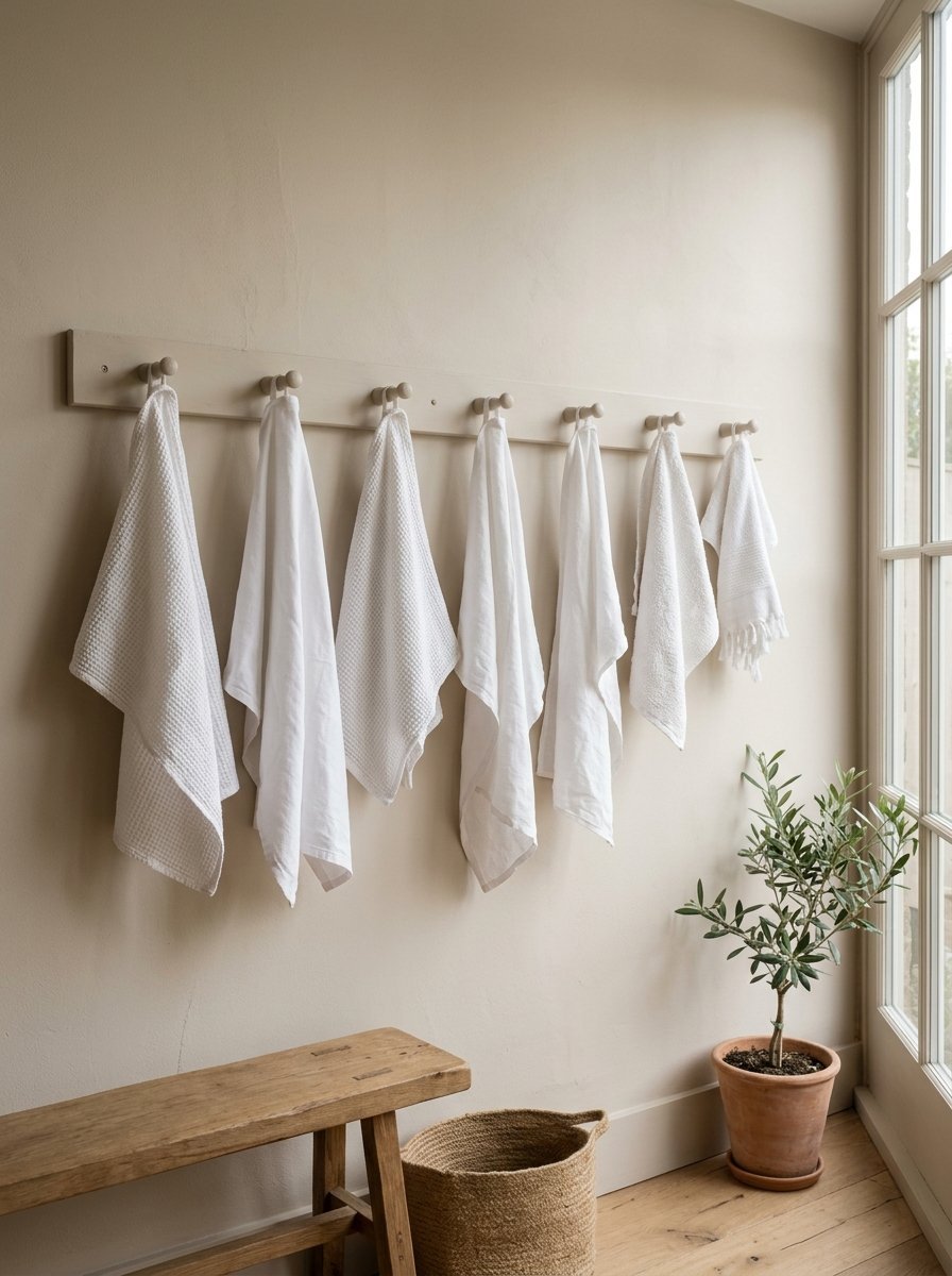 Seven white kitchen towels hanging from a minimalist wall-mounted rack in a neutral-toned room.