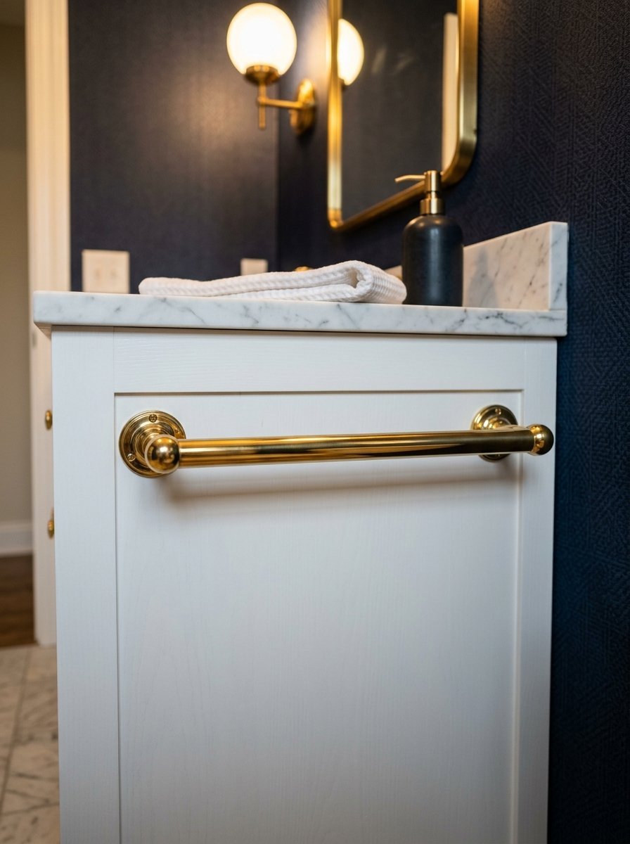 Close up of a modern white vanity cabinet with a metallic gold handle against a textured navy blue wall.
