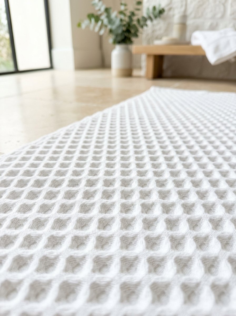 Close-up of a soft white cotton waffle weave bath mat placed on a stone floor in a bright minimalist bathroom.