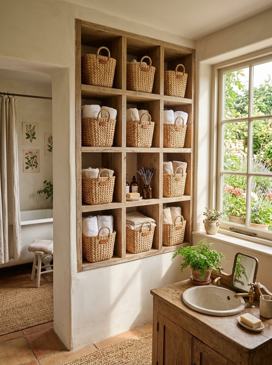 A floor-to-ceiling wooden grid shelf filled with matching woven baskets containing neatly folded towels.