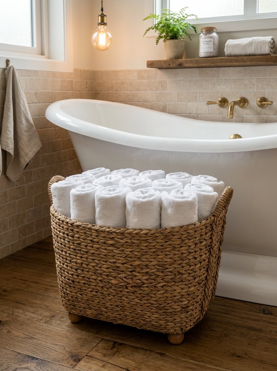 A woven basket on wooden legs filled with neat white towels in a rustic bathroom.
