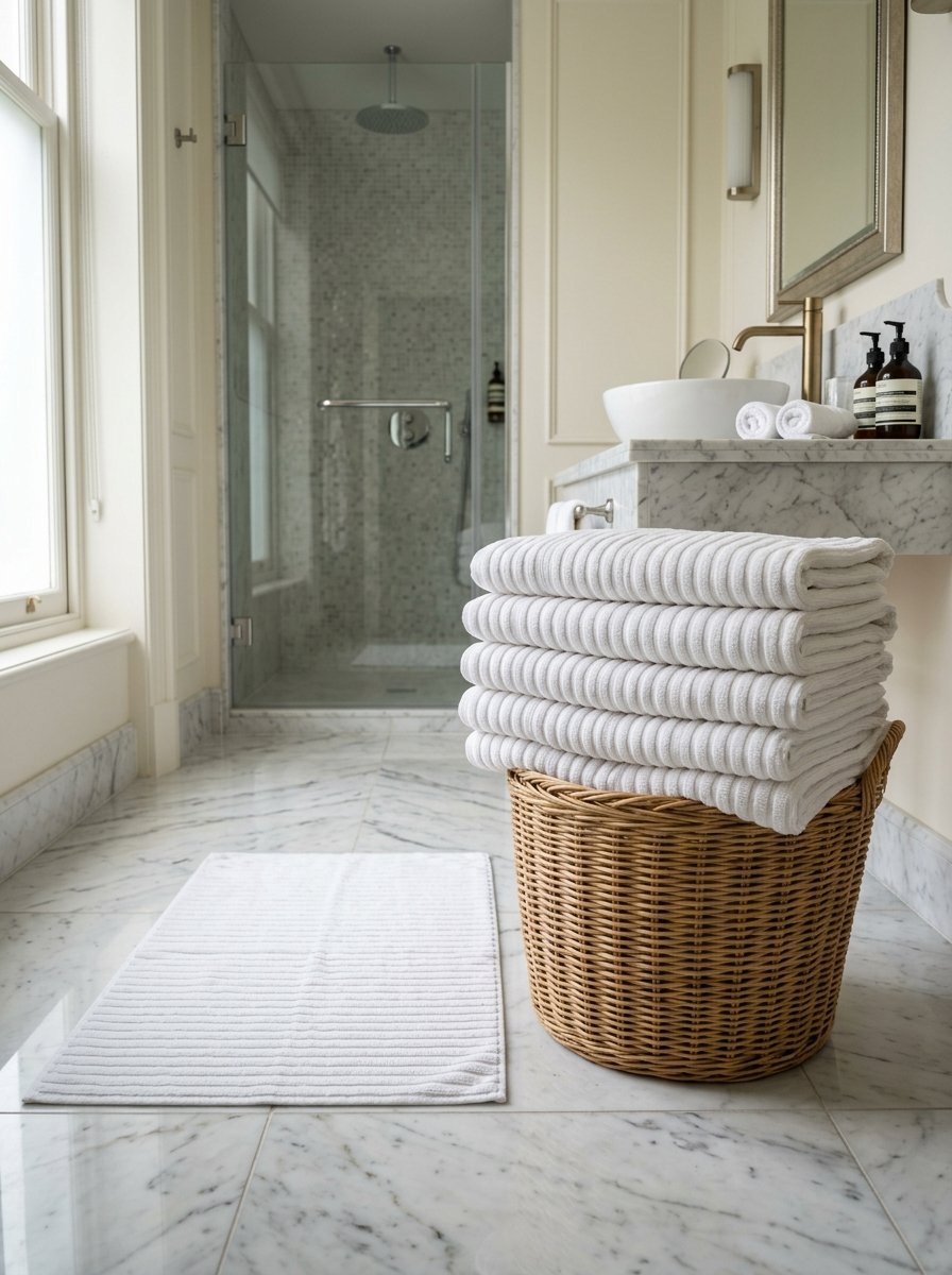 Close-up of a brown wicker laundry basket holding folded white bath towels on a marble bathroom floor.