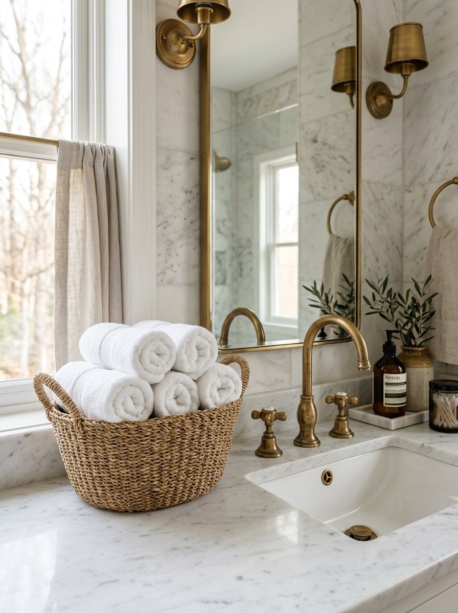 Close-up of a seagrass basket holding rolled white towels next to an elegant brass faucet and marble sink.