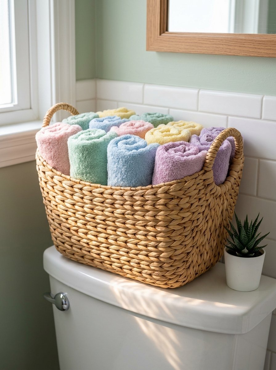 A woven straw basket holding multiple rolled pastel-colored towels sits on top of a white toilet tank.
