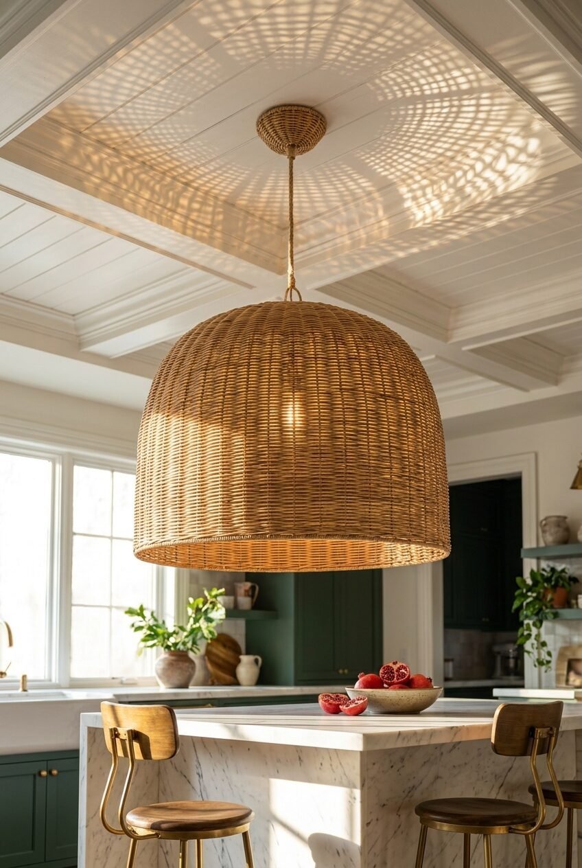 A textured wicker lampshade hangs from a coffered ceiling above a marble kitchen island with wood bar stools.
