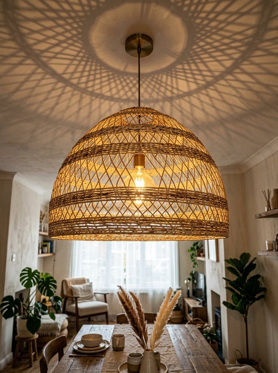 Large rounded wicker light fixture hanging over a rustic dining table with pampas grass decor.