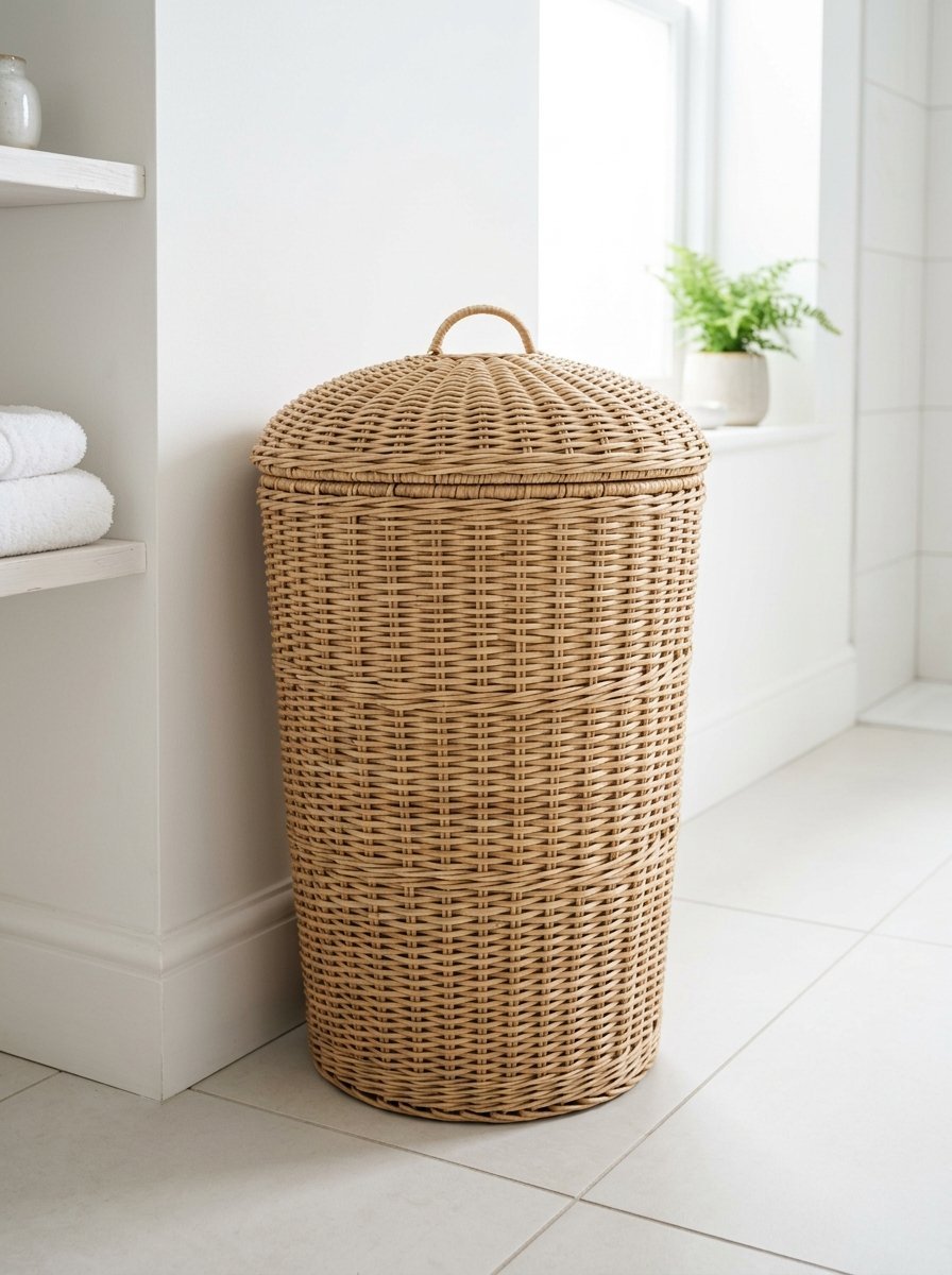Cylindrical woven wicker hamper placed on a white tiled bathroom floor next to shelves with towels.
