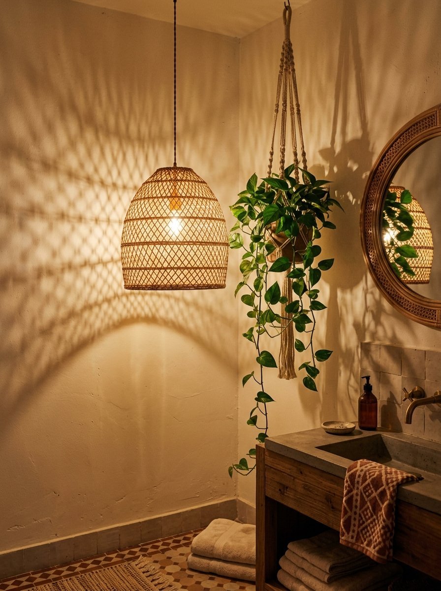 A rattan pendant light casts intricate shadows next to a potted vine plant in a cozy bathroom with a stone sink.