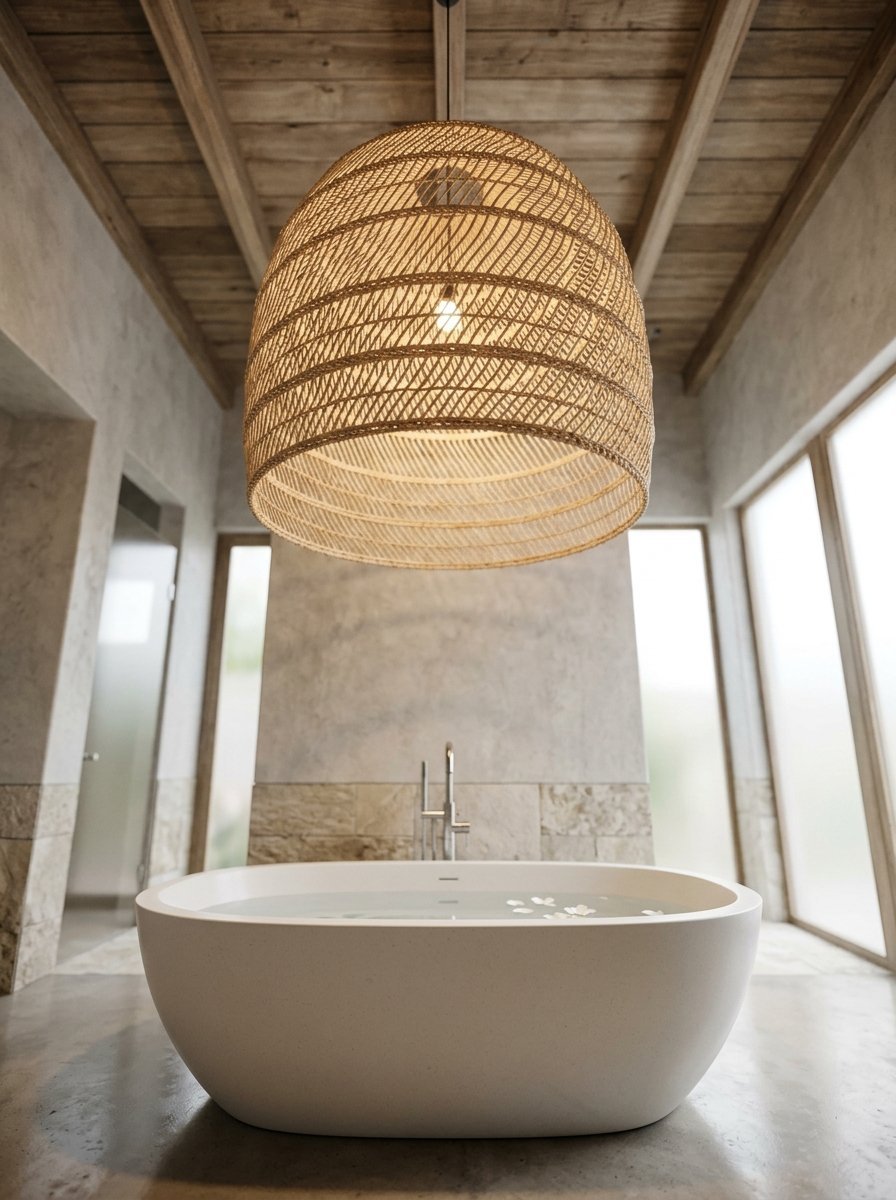 A round white bathtub with petals sits under a large textured rattan light fixture in a stone-walled room.