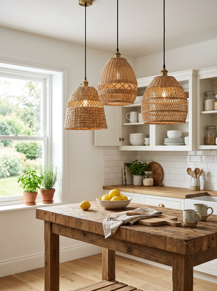 Three wicker dome pendant lights suspended over a natural wood kitchen table with a bowl of fresh lemons.