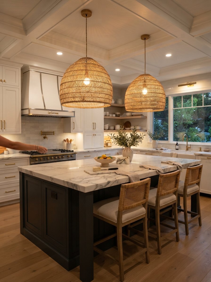 Two woven dome pendant lights hanging above a kitchen island with a marble countertop and wooden cane bar stools.