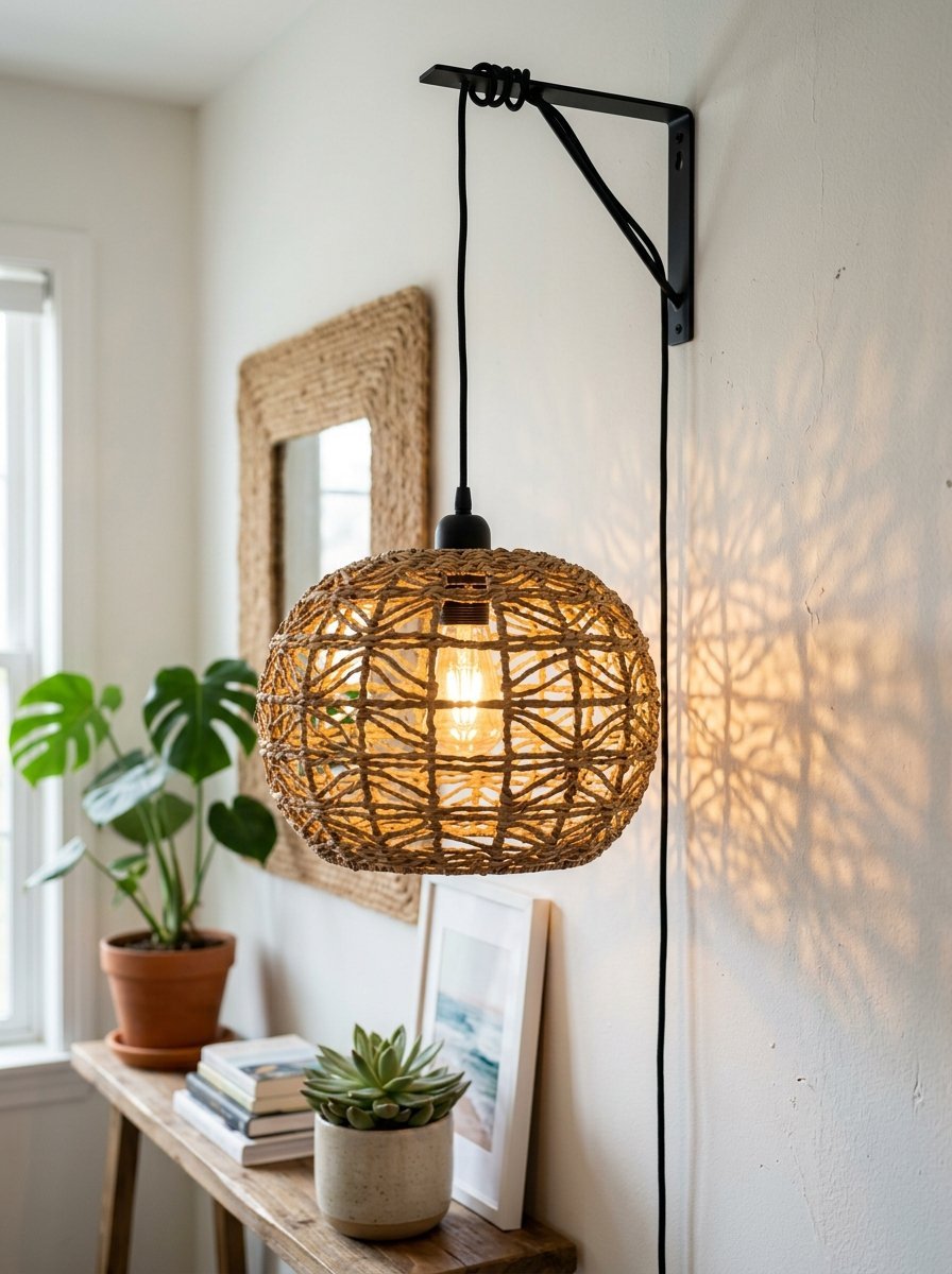 A woven rope globe light fixture suspended from a wall-mounted black metal arm in a bright room.