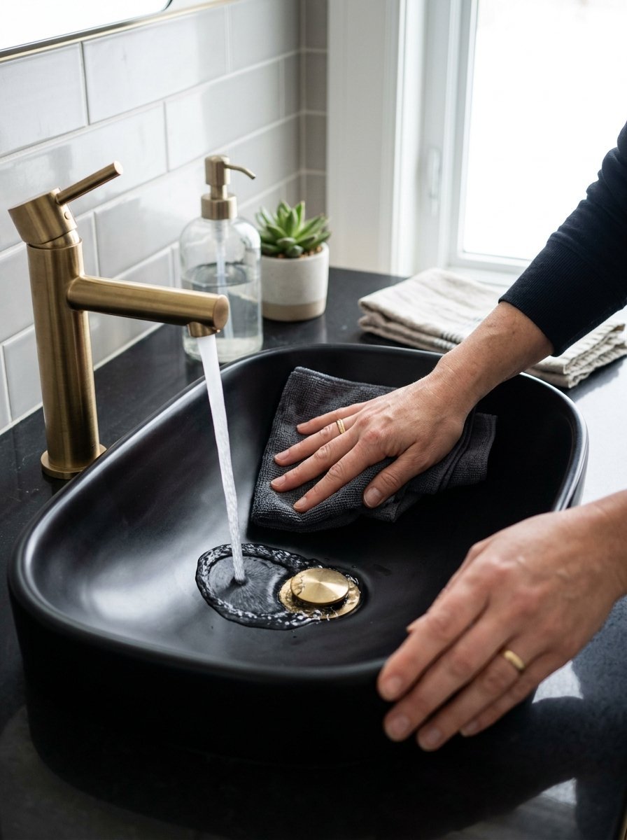 A person wiping the basin of a modern black vessel sink with a grey microfiber cloth near a brass faucet.